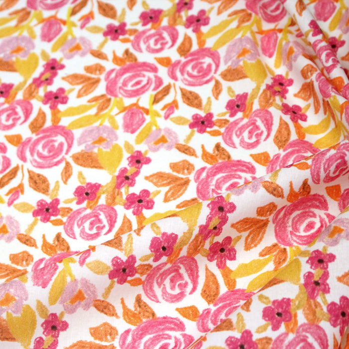 Tissu cotonnade fleurie rose jaune et orange - COLLECTION FLEURS AU CRAYON - OEKO-TEX