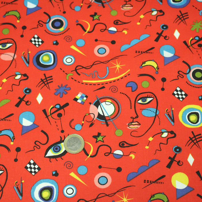 Tissu cotonnade KANDISKY, motif art moderne, blanc ou rouge - OEKO-TEX STANDARD 100