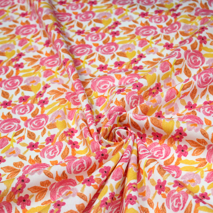 Tissu cotonnade fleurie rose jaune et orange - COLLECTION FLEURS AU CRAYON - OEKO-TEX