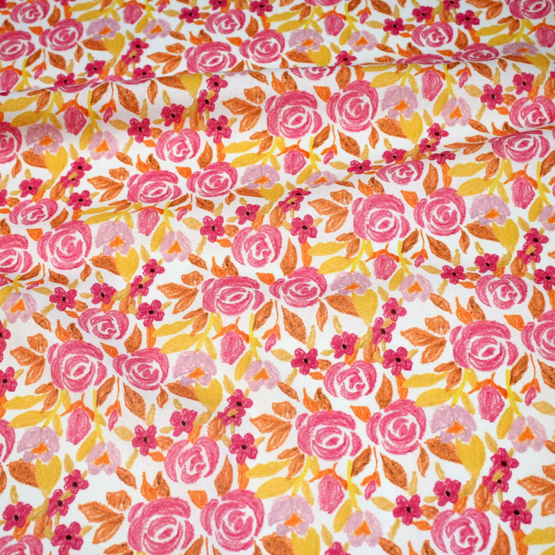 Tissu cotonnade fleurie rose jaune et orange - COLLECTION FLEURS AU CRAYON - OEKO - TEX - TissusPapi.com