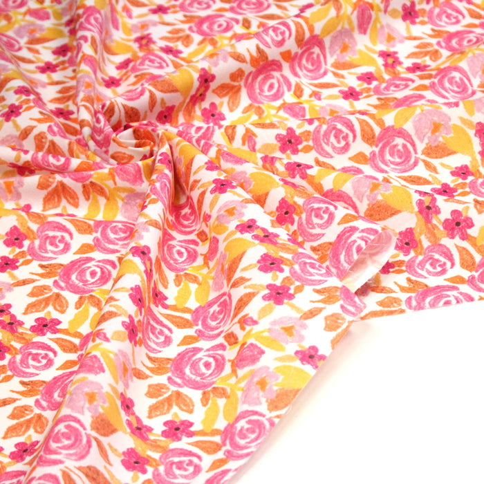 Tissu cotonnade fleurie rose jaune et orange - COLLECTION FLEURS AU CRAYON - OEKO-TEX