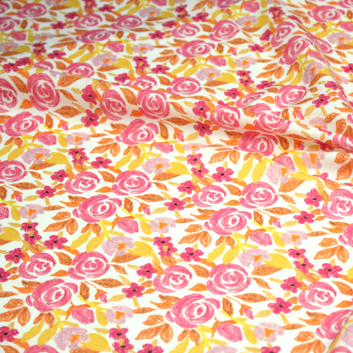 Tissu cotonnade fleurie rose jaune et orange - COLLECTION FLEURS AU CRAYON - OEKO-TEX