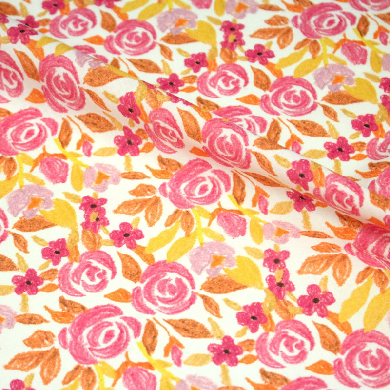 Tissu cotonnade fleurie rose jaune et orange - COLLECTION FLEURS AU CRAYON - OEKO - TEX - TissusPapi.com