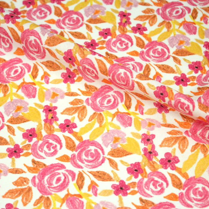 Tissu cotonnade fleurie rose jaune et orange - COLLECTION FLEURS AU CRAYON - OEKO-TEX