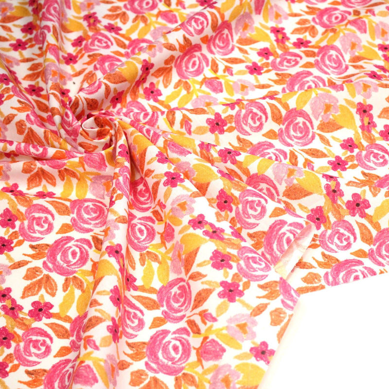 Tissu cotonnade fleurie rose jaune et orange - COLLECTION FLEURS AU CRAYON - OEKO - TEX - TissusPapi.com