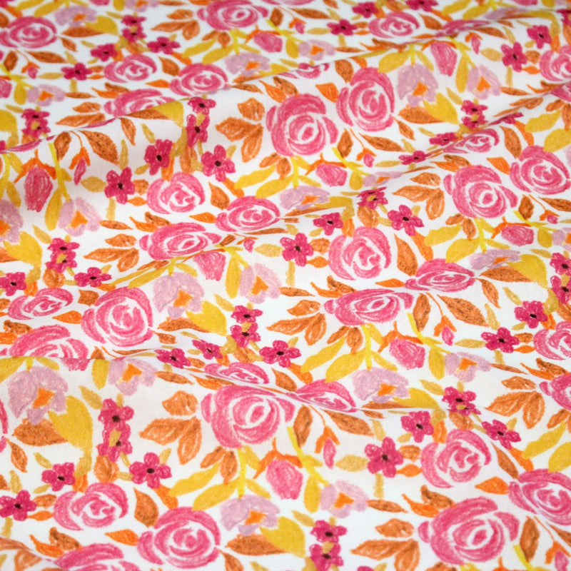 Tissu cotonnade fleurie rose jaune et orange - COLLECTION FLEURS AU CRAYON - OEKO - TEX - TissusPapi.com