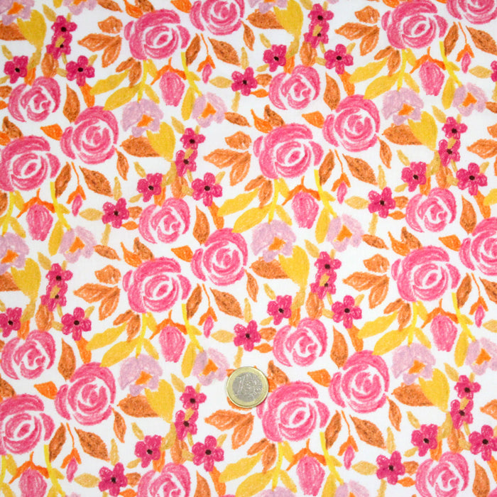 Tissu cotonnade fleurie rose jaune et orange - COLLECTION FLEURS AU CRAYON - OEKO-TEX