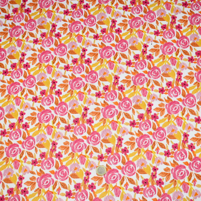 Tissu cotonnade fleurie rose jaune et orange - COLLECTION FLEURS AU CRAYON - OEKO-TEX