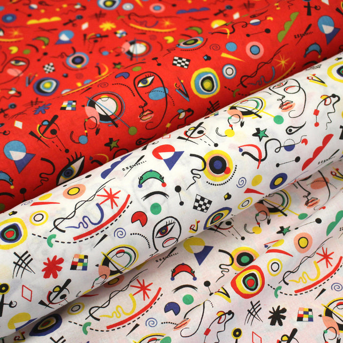 Tissu cotonnade KANDISKY, motif art moderne, blanc ou rouge - OEKO-TEX STANDARD 100
