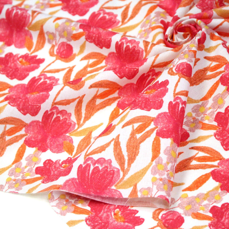 Tissu cotonnade fleurie rose fuchsia et orange safran - COLLECTION FLEURS AU CRAYON - OEKO - TEX - TissusPapi.com