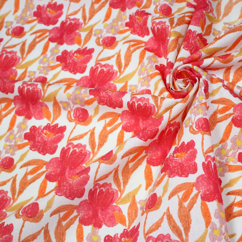 Tissu cotonnade fleurie rose fuchsia et orange safran - COLLECTION FLEURS AU CRAYON - OEKO - TEX - TissusPapi.com