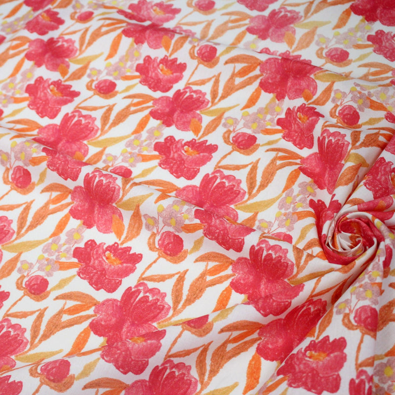 Tissu cotonnade fleurie rose fuchsia et orange safran - COLLECTION FLEURS AU CRAYON - OEKO - TEX - TissusPapi.com