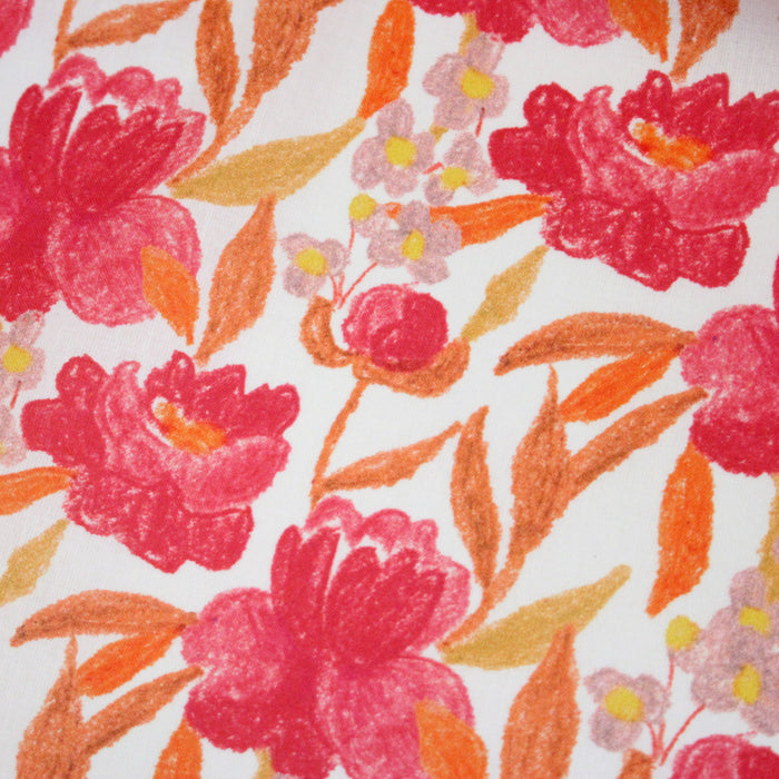 Tissu cotonnade fleurie rose fuchsia et orange safran - COLLECTION FLEURS AU CRAYON - OEKO-TEX