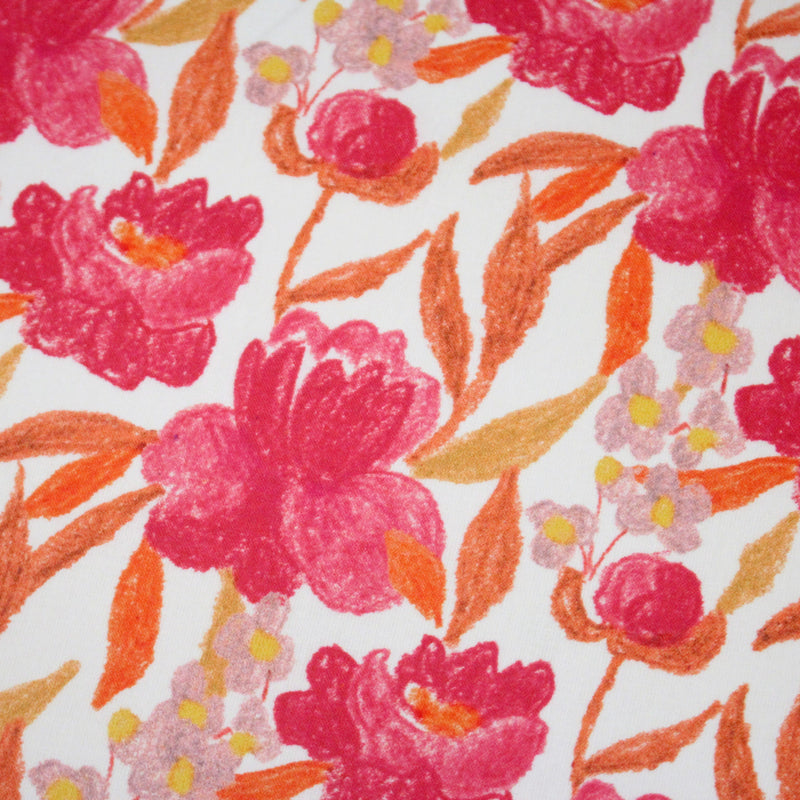 Tissu cotonnade fleurie rose fuchsia et orange safran - COLLECTION FLEURS AU CRAYON - OEKO - TEX - TissusPapi.com