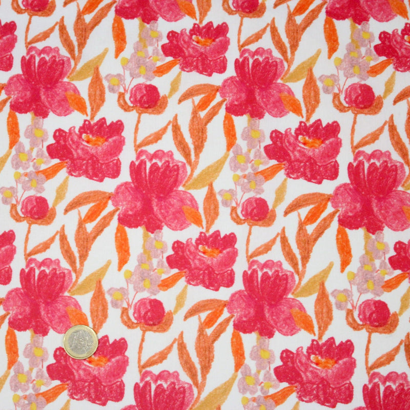 Tissu cotonnade fleurie rose fuchsia et orange safran - COLLECTION FLEURS AU CRAYON - OEKO - TEX - TissusPapi.com