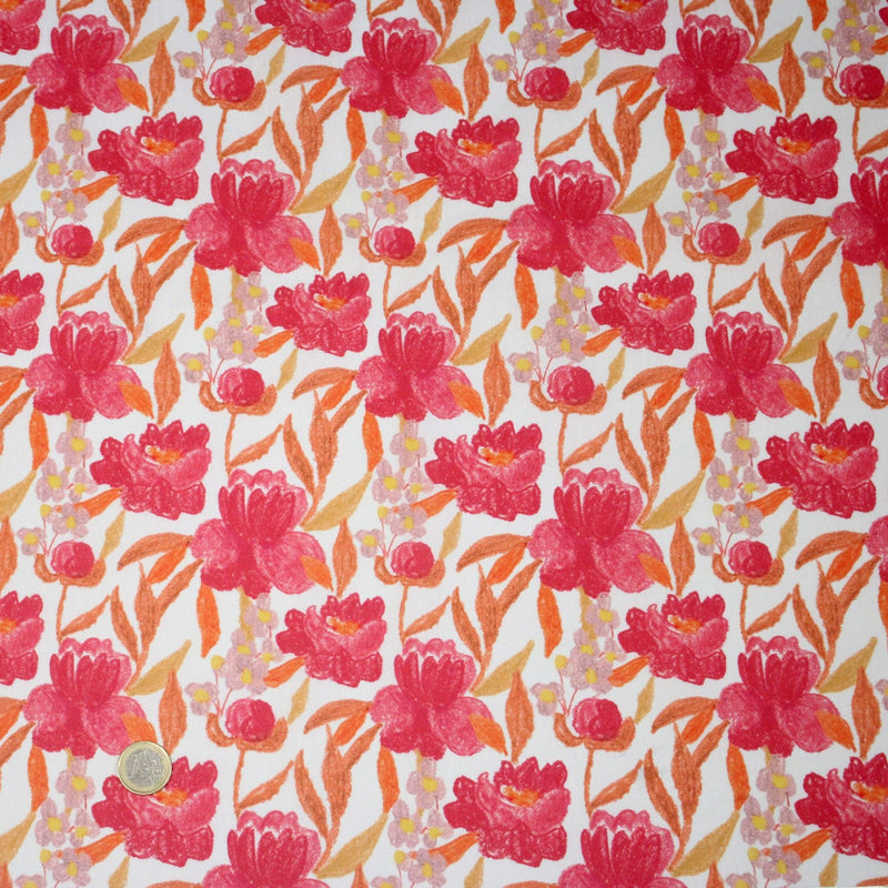 Tissu cotonnade fleurie rose fuchsia et orange safran - COLLECTION FLEURS AU CRAYON - OEKO - TEX - TissusPapi.com