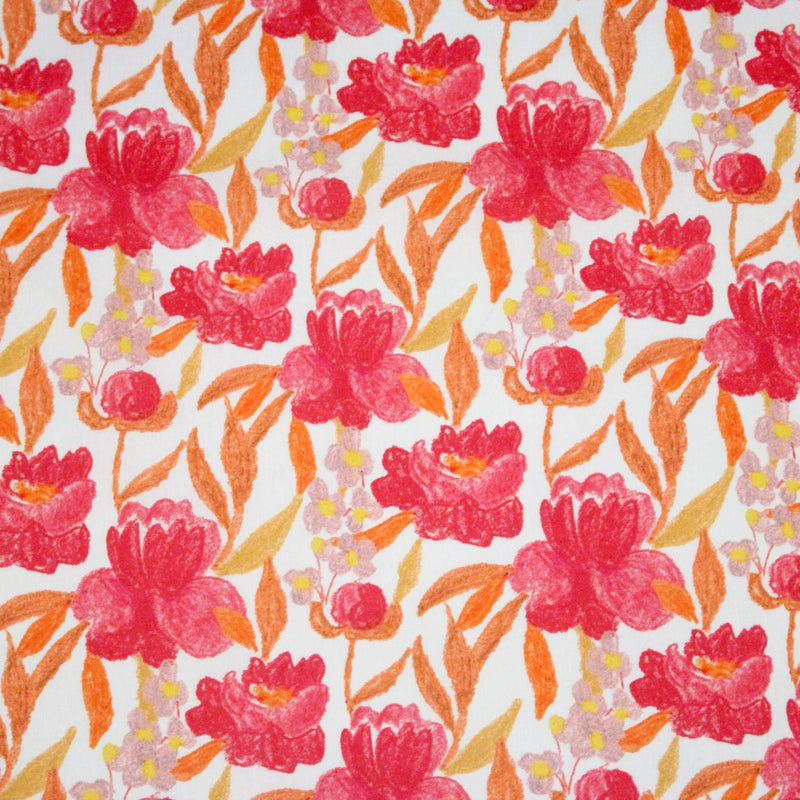 Tissu cotonnade fleurie rose fuchsia et orange safran - COLLECTION FLEURS AU CRAYON - OEKO - TEX - TissusPapi.com