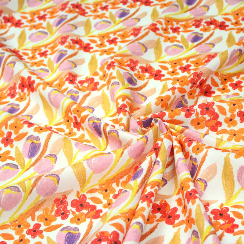 Tissu cotonnade fleurie rose, jaune, rouge et parme - COLLECTION FLEURS AU CRAYON - OEKO - TEX - TissusPapi.com