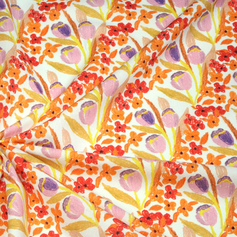 Tissu cotonnade fleurie rose, jaune, rouge et parme - COLLECTION FLEURS AU CRAYON - OEKO - TEX - TissusPapi.com