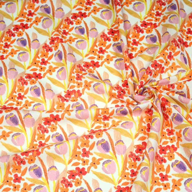 Tissu cotonnade fleurie rose, jaune, rouge et parme - COLLECTION FLEURS AU CRAYON - OEKO - TEX - TissusPapi.com