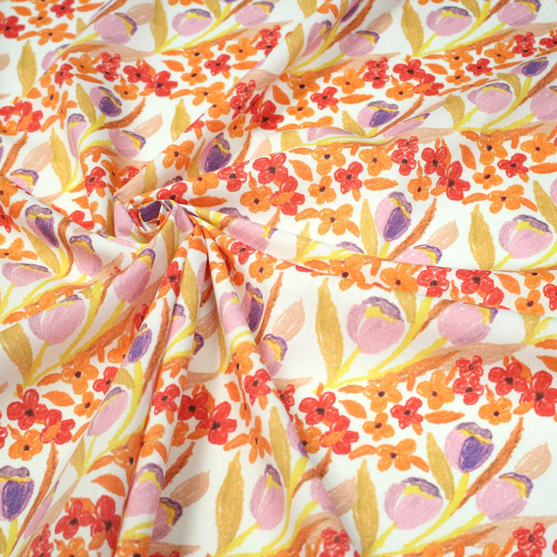 Tissu cotonnade fleurie rose, jaune, rouge et parme - COLLECTION FLEURS AU CRAYON - OEKO - TEX - TissusPapi.com