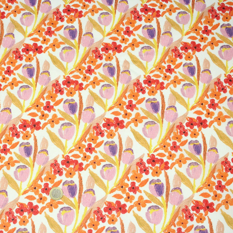 Tissu cotonnade fleurie rose, jaune, rouge et parme - COLLECTION FLEURS AU CRAYON - OEKO - TEX - TissusPapi.com