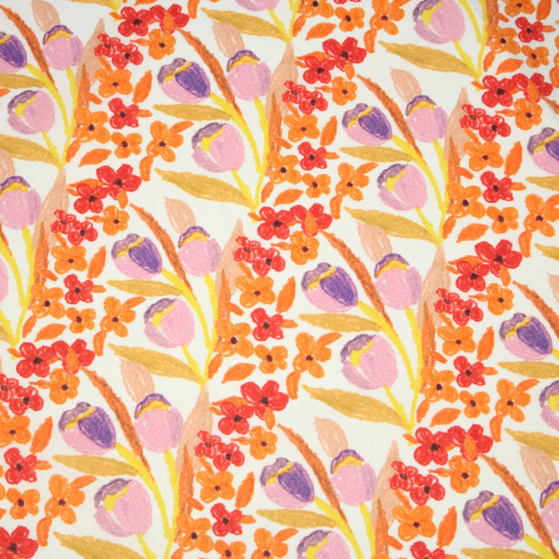 Tissu cotonnade fleurie rose, jaune, rouge et parme - COLLECTION FLEURS AU CRAYON - OEKO - TEX - TissusPapi.com