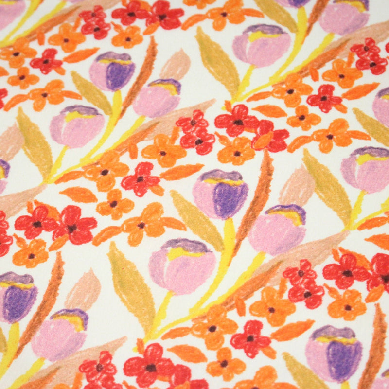 Tissu cotonnade fleurie rose, jaune, rouge et parme - COLLECTION FLEURS AU CRAYON - OEKO - TEX - TissusPapi.com