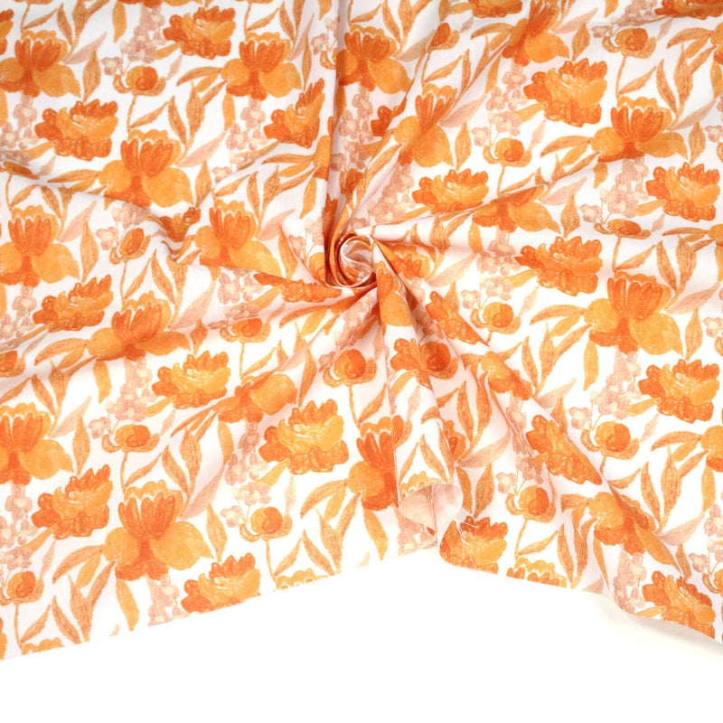 Tissu cotonnade fleurie orange safran - COLLECTION FLEURS AU CRAYON - OEKO - TEX - TissusPapi.com