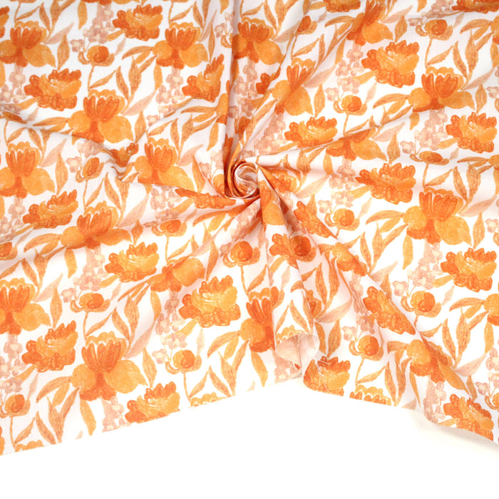 Tissu cotonnade fleurie orange safran - COLLECTION FLEURS AU CRAYON - OEKO-TEX