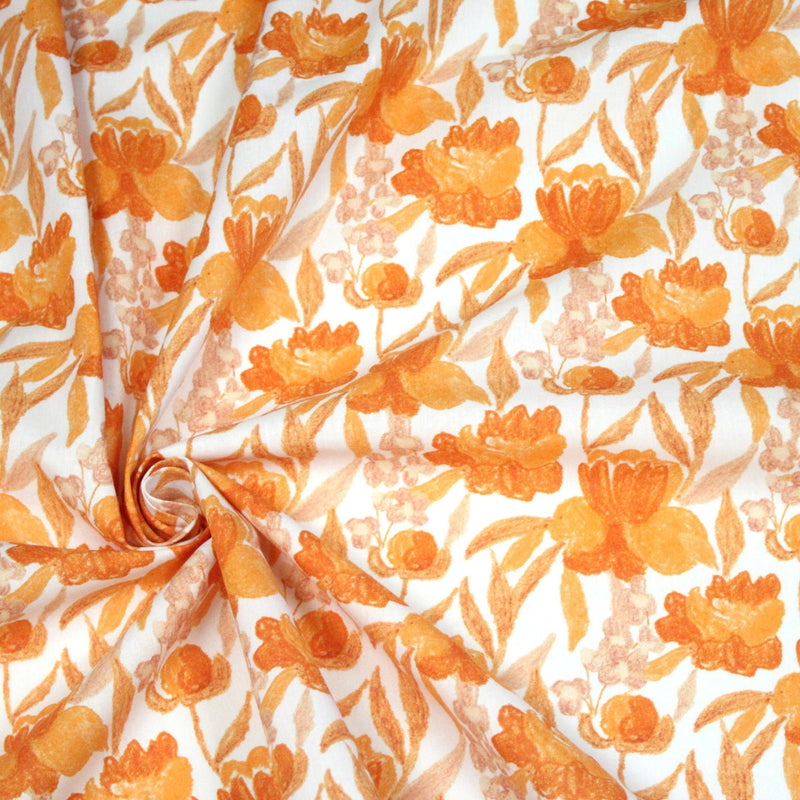 Tissu cotonnade fleurie orange safran - COLLECTION FLEURS AU CRAYON - OEKO - TEX - TissusPapi.com