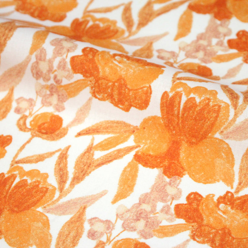 Tissu cotonnade fleurie orange safran - COLLECTION FLEURS AU CRAYON - OEKO - TEX - TissusPapi.com