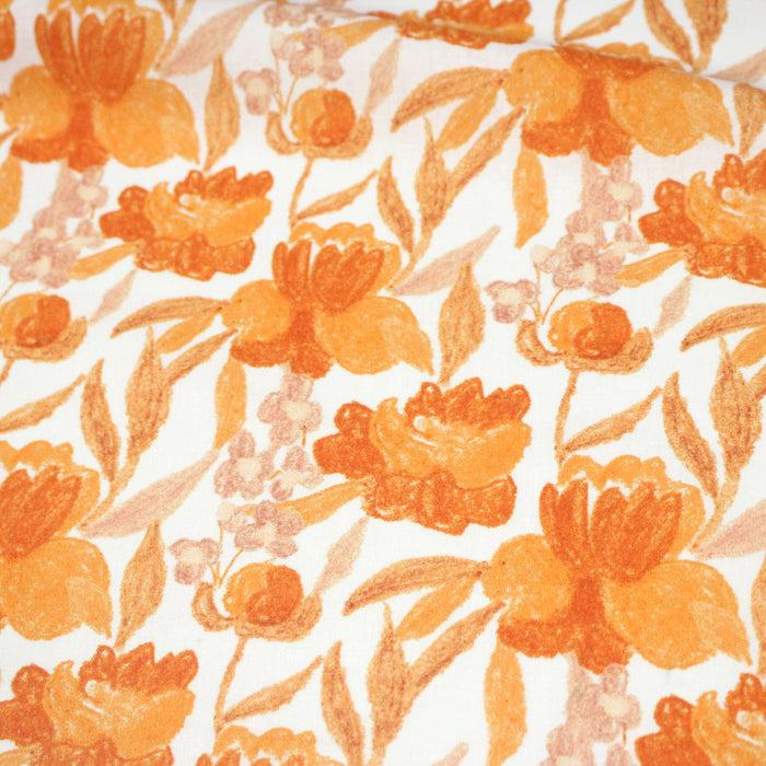 Tissu cotonnade fleurie orange safran - COLLECTION FLEURS AU CRAYON - OEKO-TEX