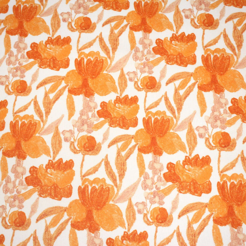 Tissu cotonnade fleurie orange safran - COLLECTION FLEURS AU CRAYON - OEKO - TEX - TissusPapi.com
