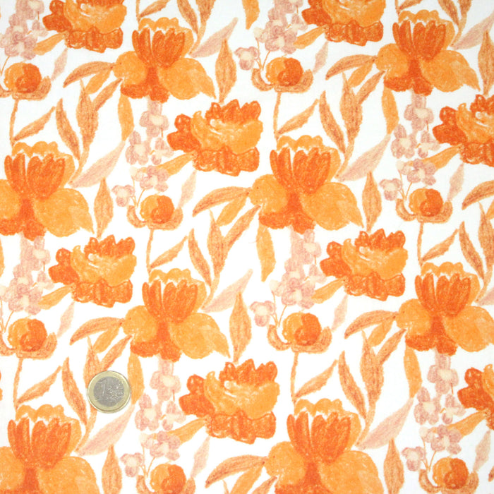 Tissu cotonnade fleurie orange safran - COLLECTION FLEURS AU CRAYON - OEKO-TEX