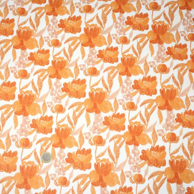Tissu cotonnade fleurie orange safran - COLLECTION FLEURS AU CRAYON - OEKO - TEX - TissusPapi.com