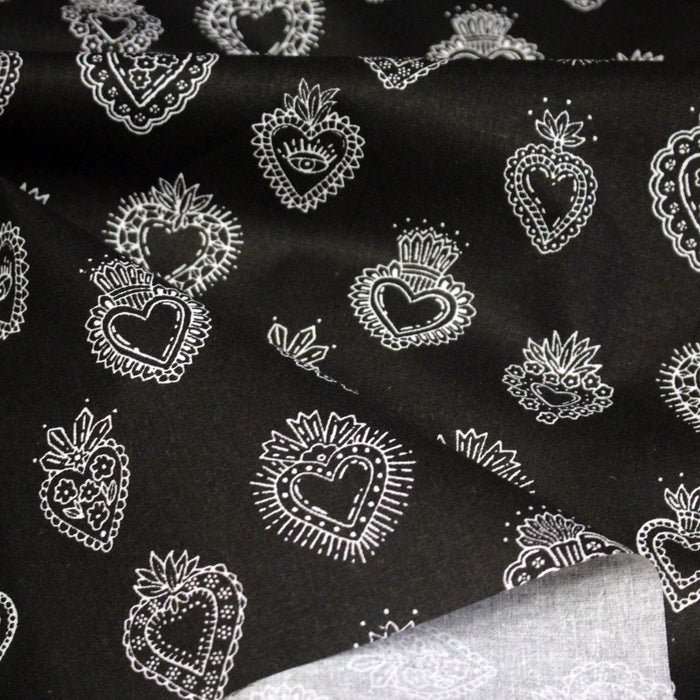 Tissu cotonnade COEURS SACRÉS, noir aux coeurs - OEKO-TEX STANDARD 100