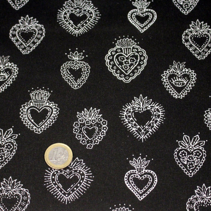 Tissu cotonnade COEURS SACRÉS, noir aux coeurs - OEKO-TEX STANDARD 100