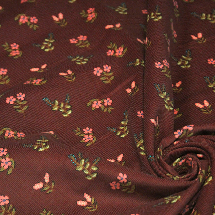 Tissu velours milleraies imprimé Terre de Sienne aux fleurs roses & ocres - OEKO-TEX