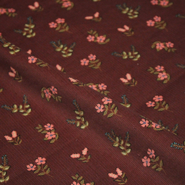 Tissu velours milleraies imprimé Terre de Sienne aux fleurs roses & ocres - OEKO-TEX