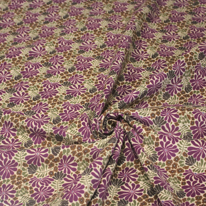 Tissu velours milleraies imprimé aux fleurs Seventies ocre et mauve - OEKO-TEX