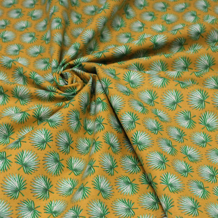 Tissu cotonnade jaune aux feuilles de palmier vertes - OEKO-TEX