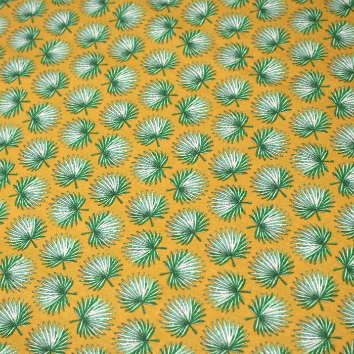 Tissu cotonnade jaune aux feuilles de palmier vertes - OEKO-TEX