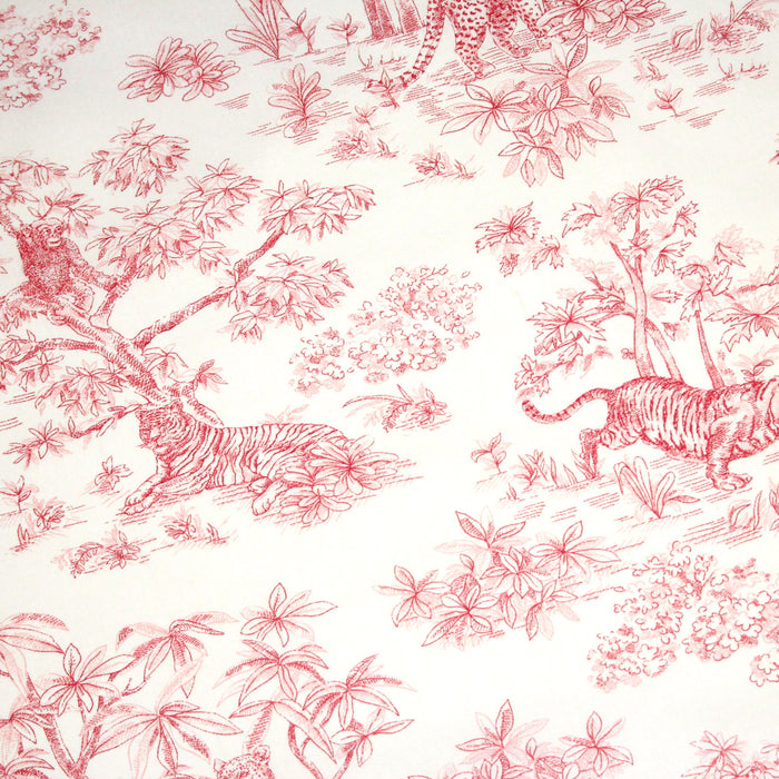 Tissu cotonnade Toile de Jouy aux tigres et forêt vierge, blanc & rose rouge