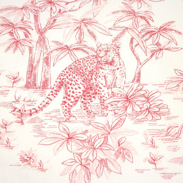 Tissu cotonnade Toile de Jouy aux tigres et forêt vierge, blanc & rose rouge