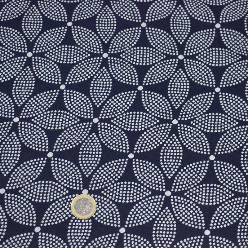 Tissu coton fin imprimé INDIENNES, bleu marine aux fleurs à pois blanc cassé - STANDARD 100 OEKO - TEX - TissusPapi.com