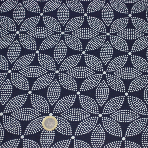 Tissu coton fin imprimé INDIENNES, bleu marine aux fleurs à pois blanc cassé - STANDARD 100 OEKO - TEX - TissusPapi.com