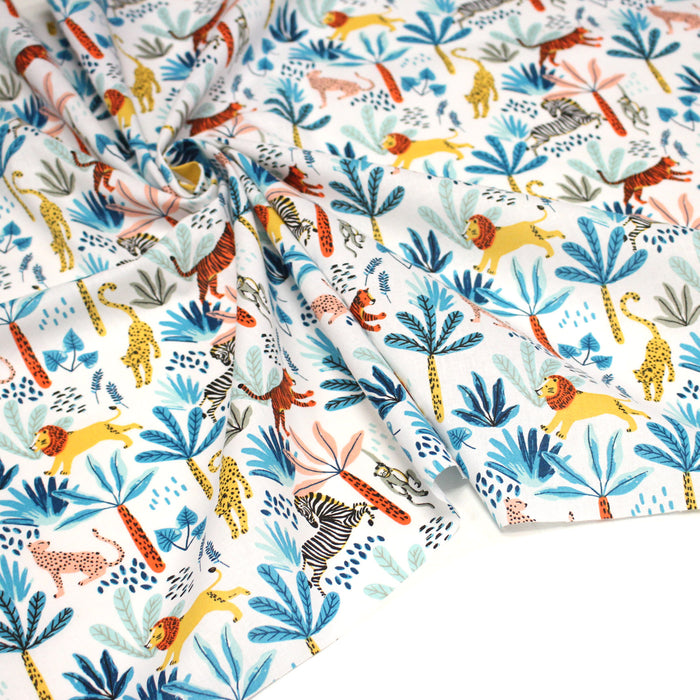 Tissu cotonnade SAFARI : lions, tigres zèbres et singes colorés - OEKO-TEX STANDARD 100