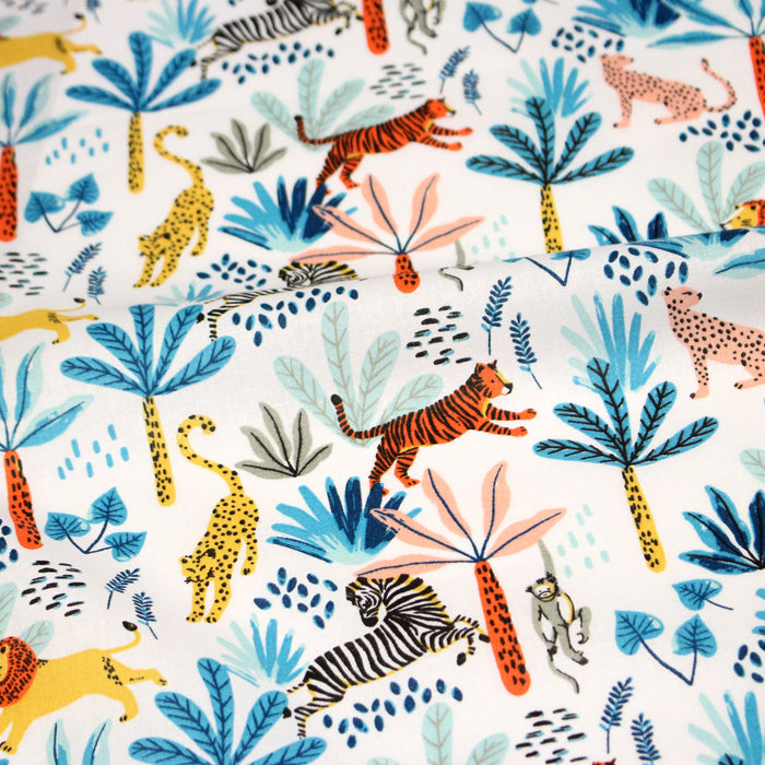 Tissu cotonnade SAFARI : lions, tigres zèbres et singes colorés - OEKO-TEX STANDARD 100