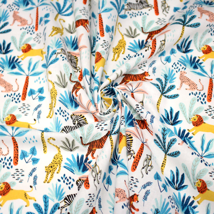 Tissu cotonnade SAFARI : lions, tigres zèbres et singes colorés - OEKO-TEX STANDARD 100